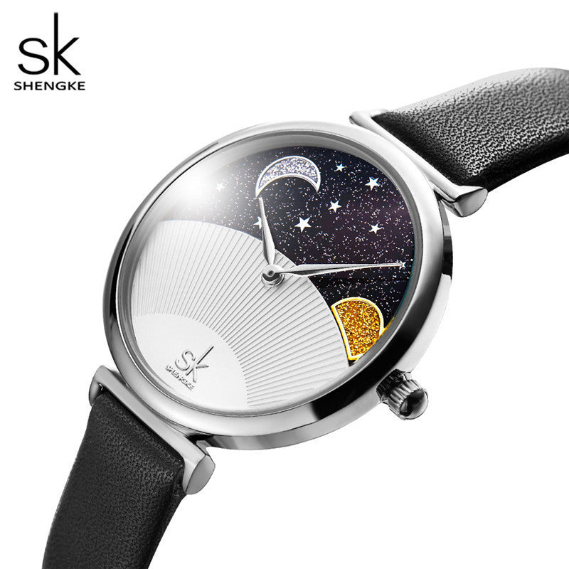 SK Women’s Quartz Watch – Sun & Moon Starry Sky Dial, Leather Strap, Fashion Design