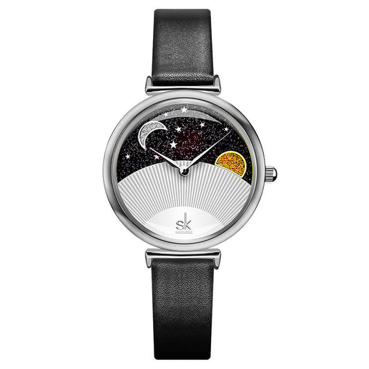 SK Women’s Quartz Watch – Sun & Moon Starry Sky Dial, Leather Strap, Fashion Design