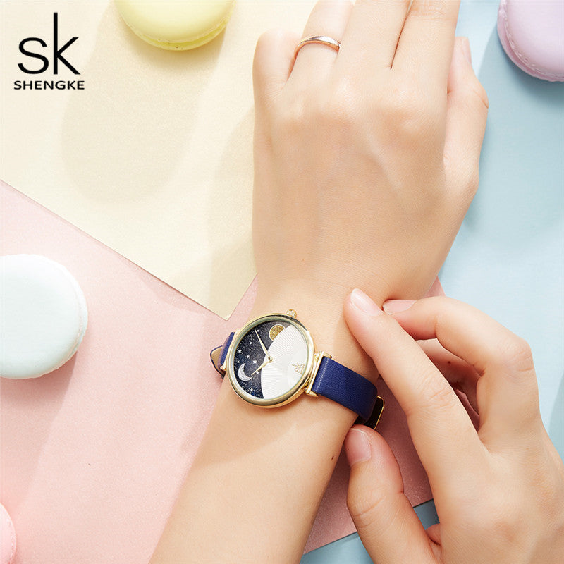 SK Women’s Quartz Watch – Sun & Moon Starry Sky Dial, Leather Strap, Fashion Design