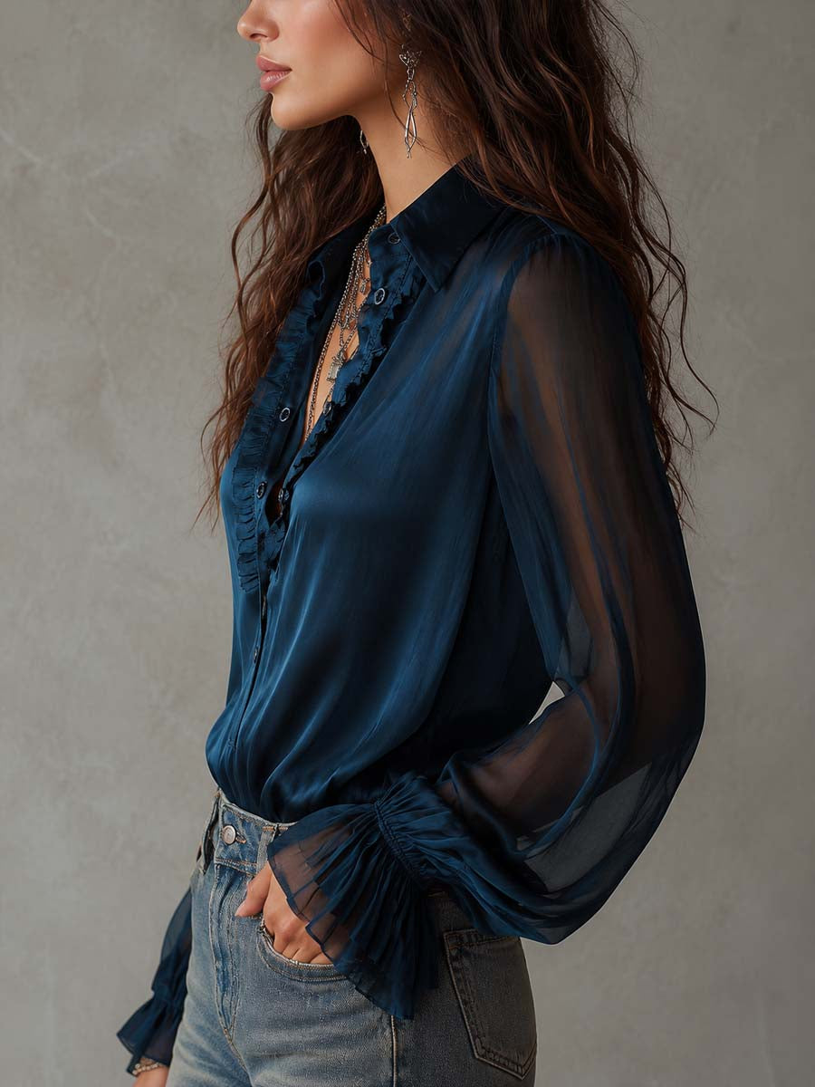 Vintage Tencel Blend Ruffle Collar Sheer Long-Sleeve Shirt