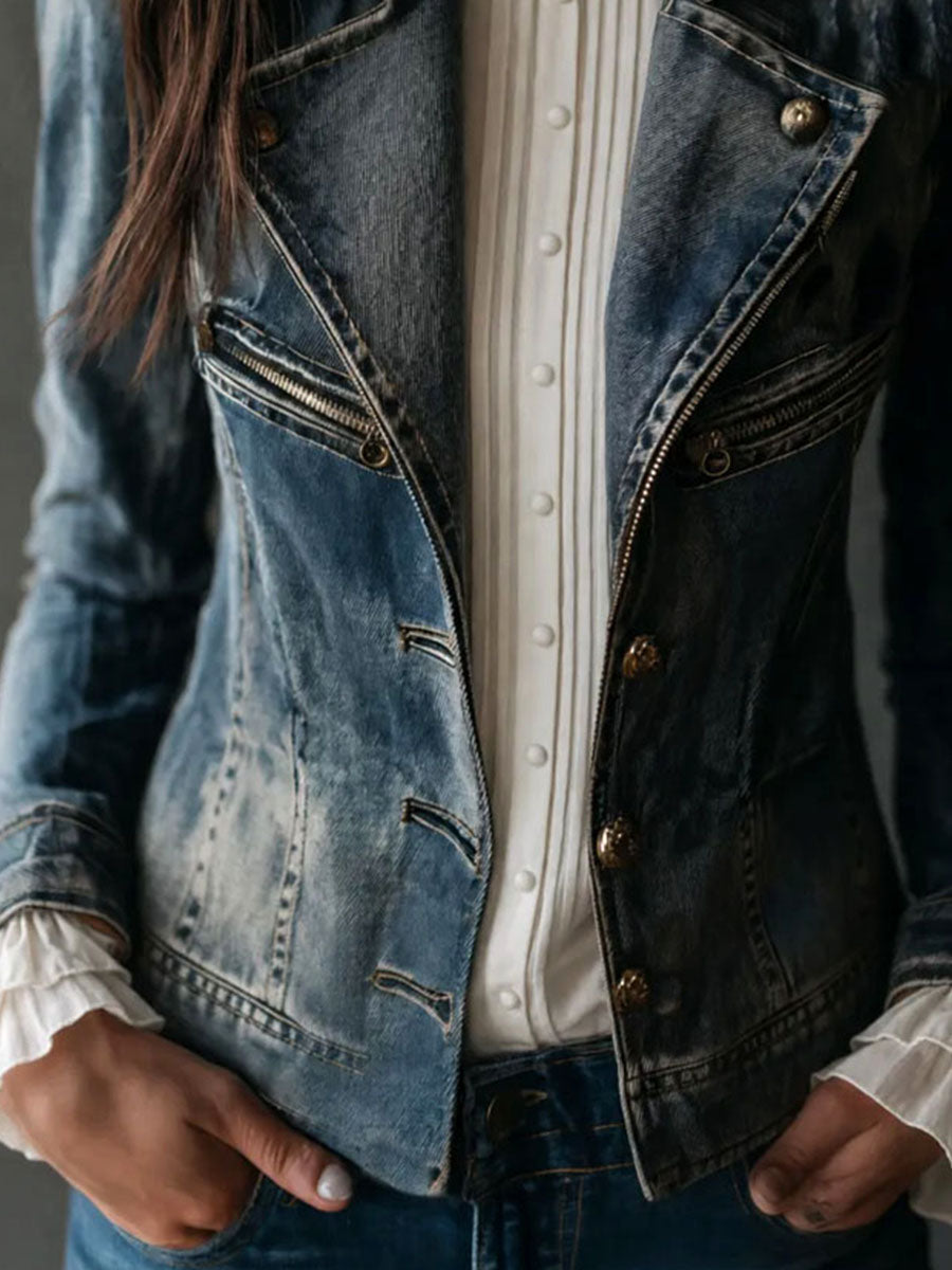 Vintage Washed Denim Moto Biker Zip Slim Jacket