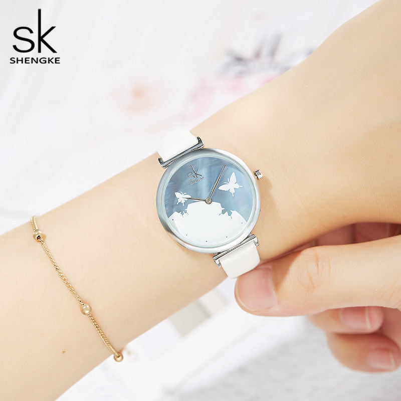 SK Women’s Quartz Watch – Shell Dial Butterfly Design with Leather Strap