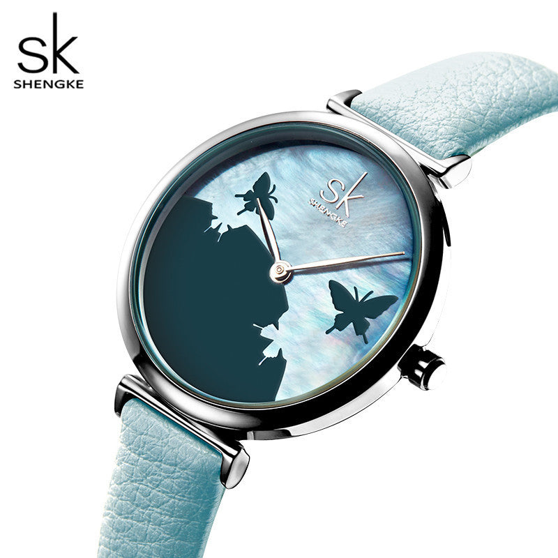 SK Women’s Quartz Watch – Shell Dial Butterfly Design with Leather Strap
