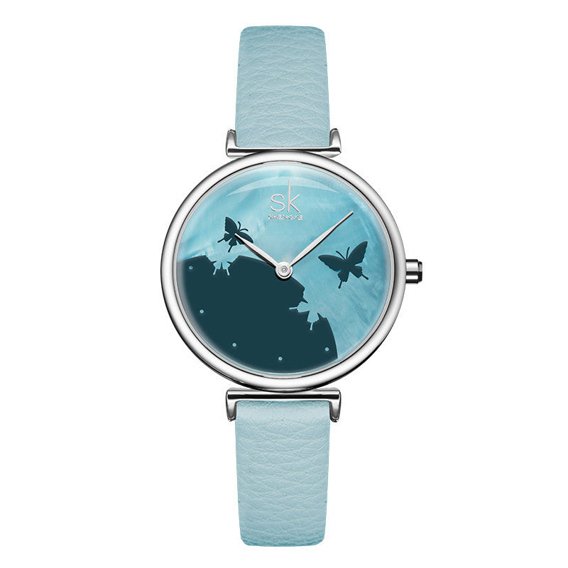 SK Women’s Quartz Watch – Shell Dial Butterfly Design with Leather Strap