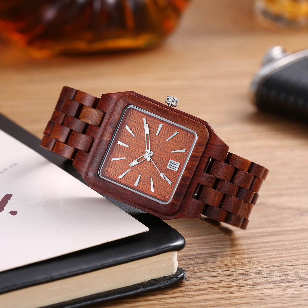 Wooden Square Dial Men's Quartz Watch, Date Feature