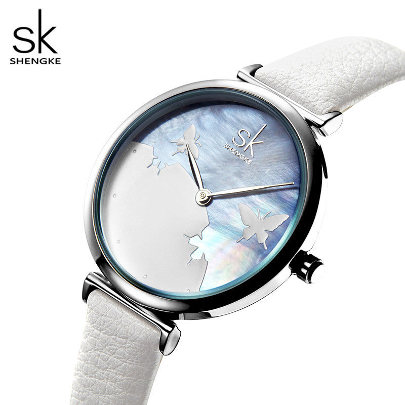 SK Women’s Quartz Watch – Shell Dial Butterfly Design with Leather Strap