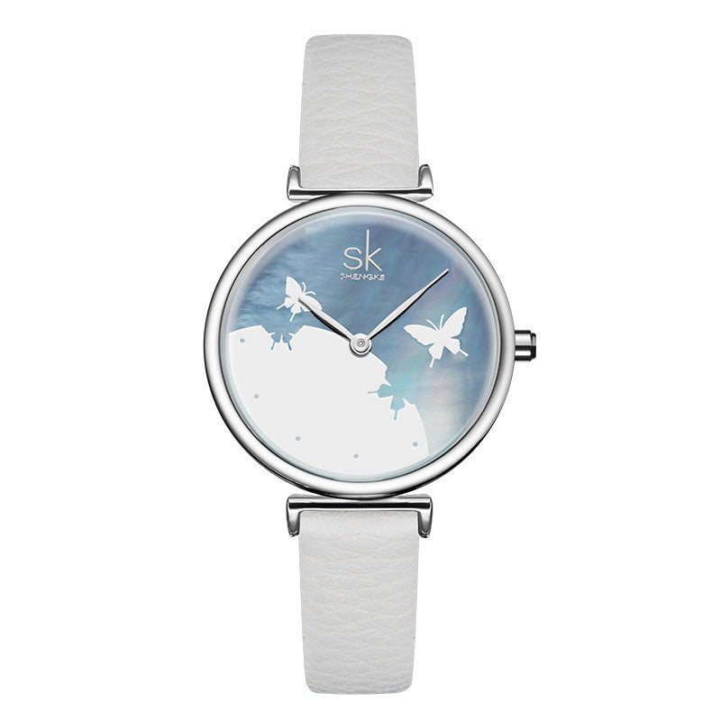 SK Women’s Quartz Watch – Shell Dial Butterfly Design with Leather Strap
