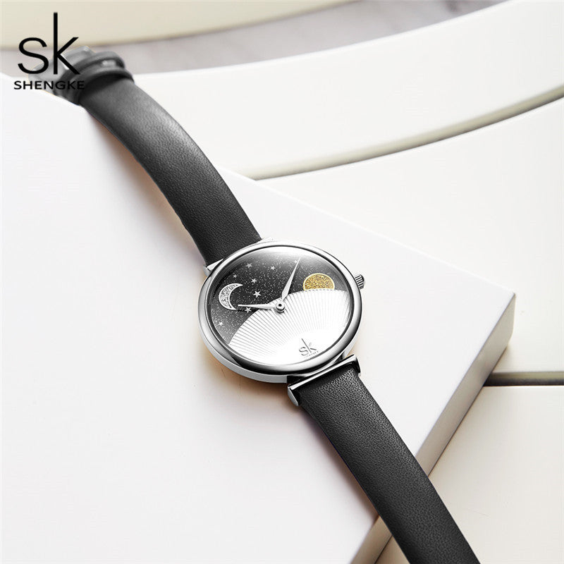 SK Women’s Quartz Watch – Sun & Moon Starry Sky Dial, Leather Strap, Fashion Design