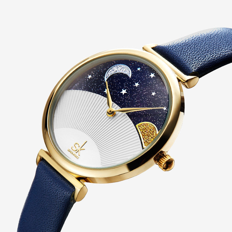 SK Women’s Quartz Watch – Sun & Moon Starry Sky Dial, Leather Strap, Fashion Design