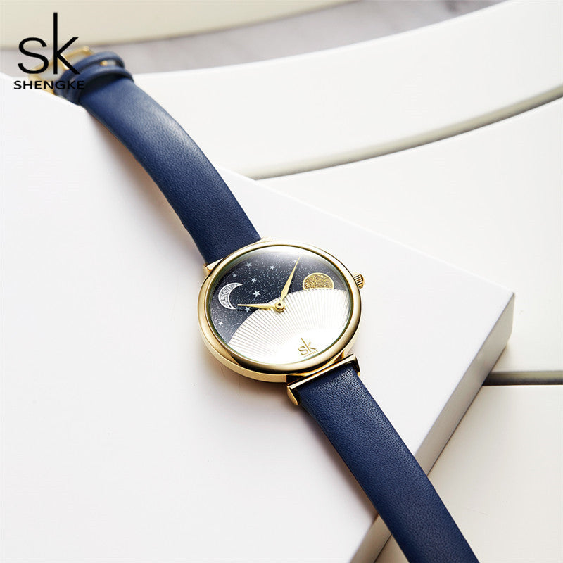 SK Women’s Quartz Watch – Sun & Moon Starry Sky Dial, Leather Strap, Fashion Design