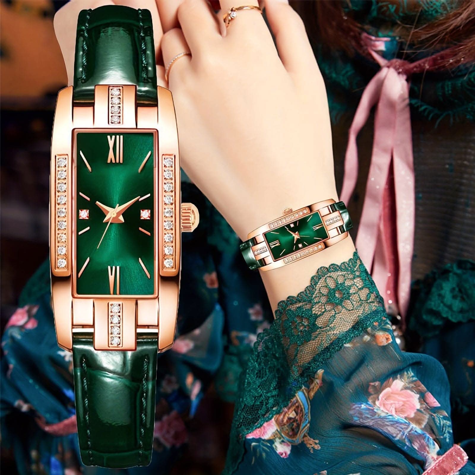 Lady’s Vintage Quartz Watch – Square Dial with Roman Numerals & Rhinestones