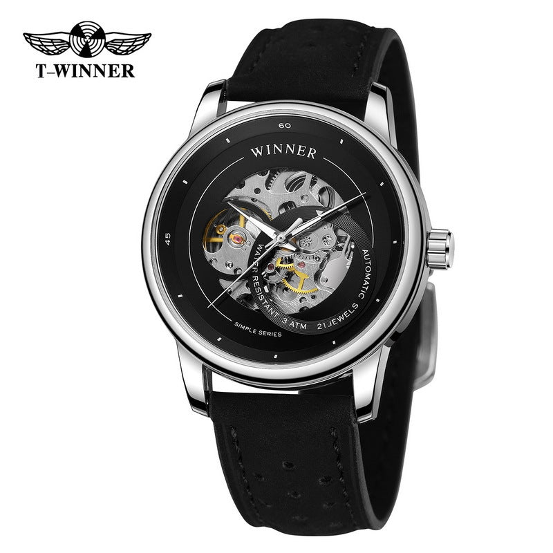 T-Winner Hollow Automatic Watch – 30M Waterproof Men’s Mechanical Leather Timepiece