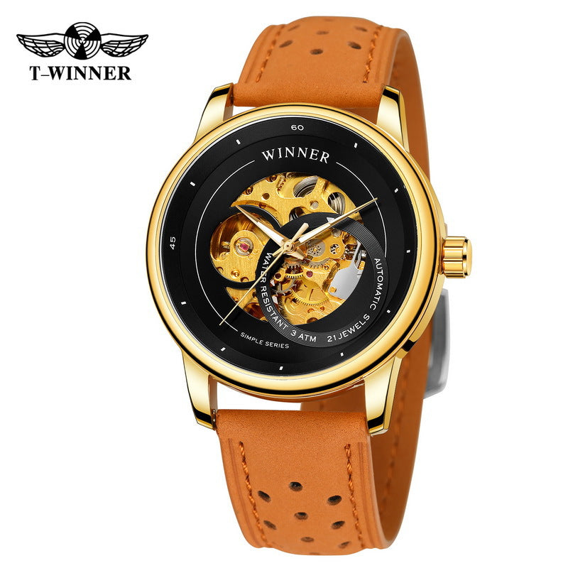 T-Winner Hollow Automatic Watch – 30M Waterproof Men’s Mechanical Leather Timepiece