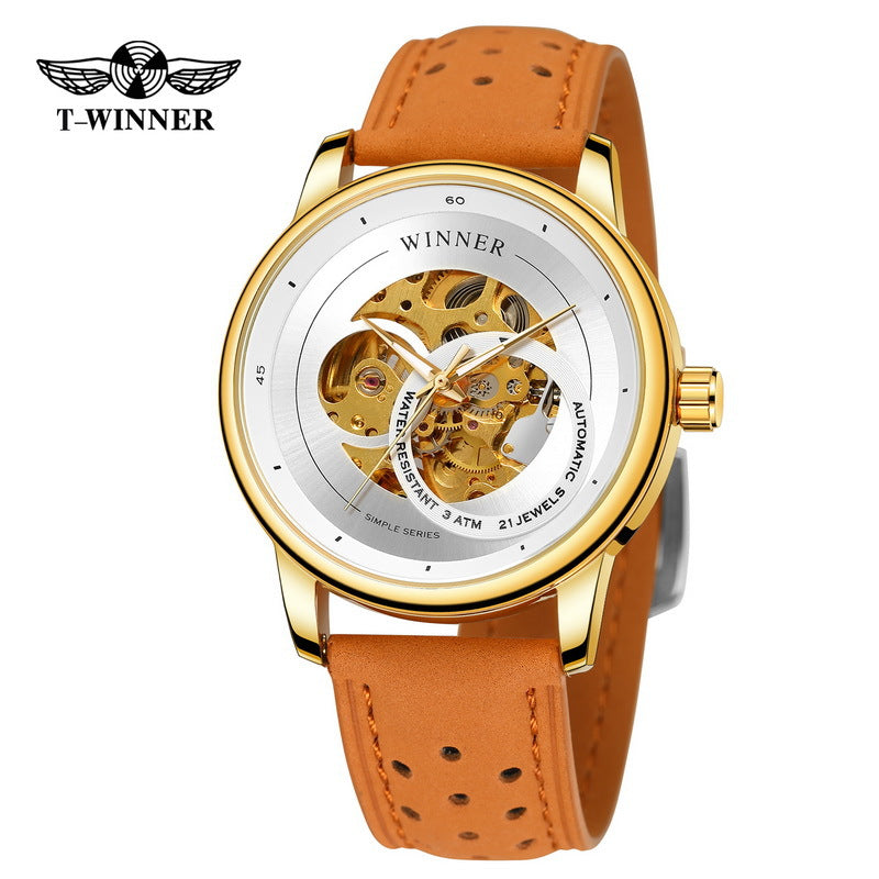 T-Winner Hollow Automatic Watch – 30M Waterproof Men’s Mechanical Leather Timepiece