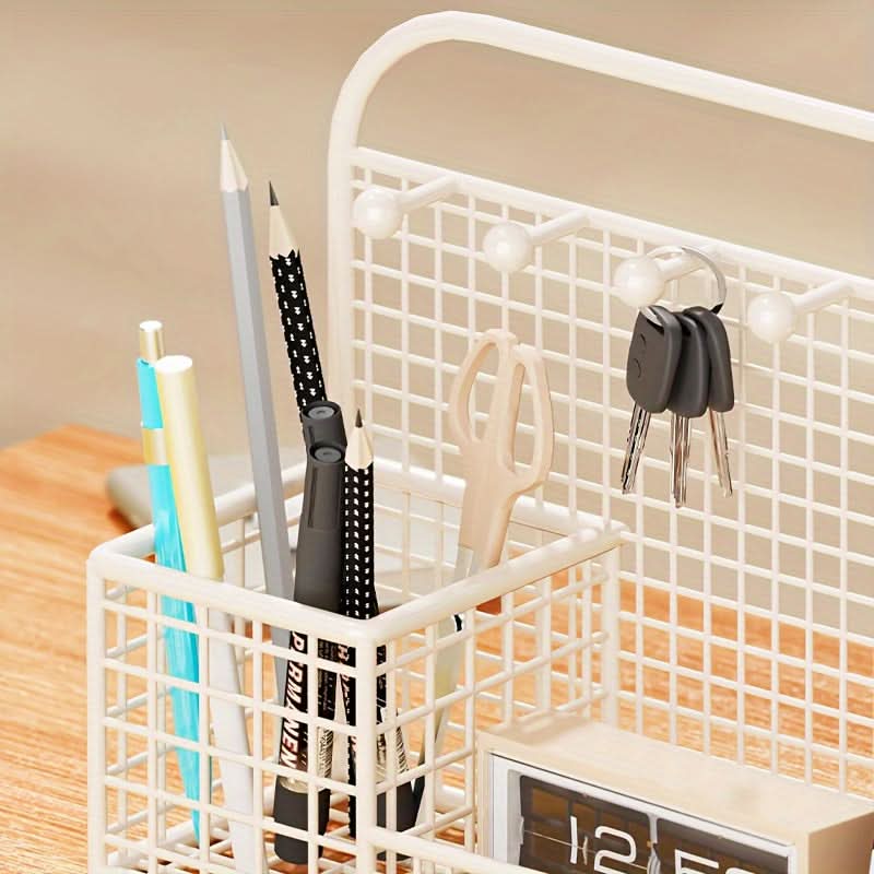 Metal Desk Organizer with Hooks, Compact Multi-Function Storage