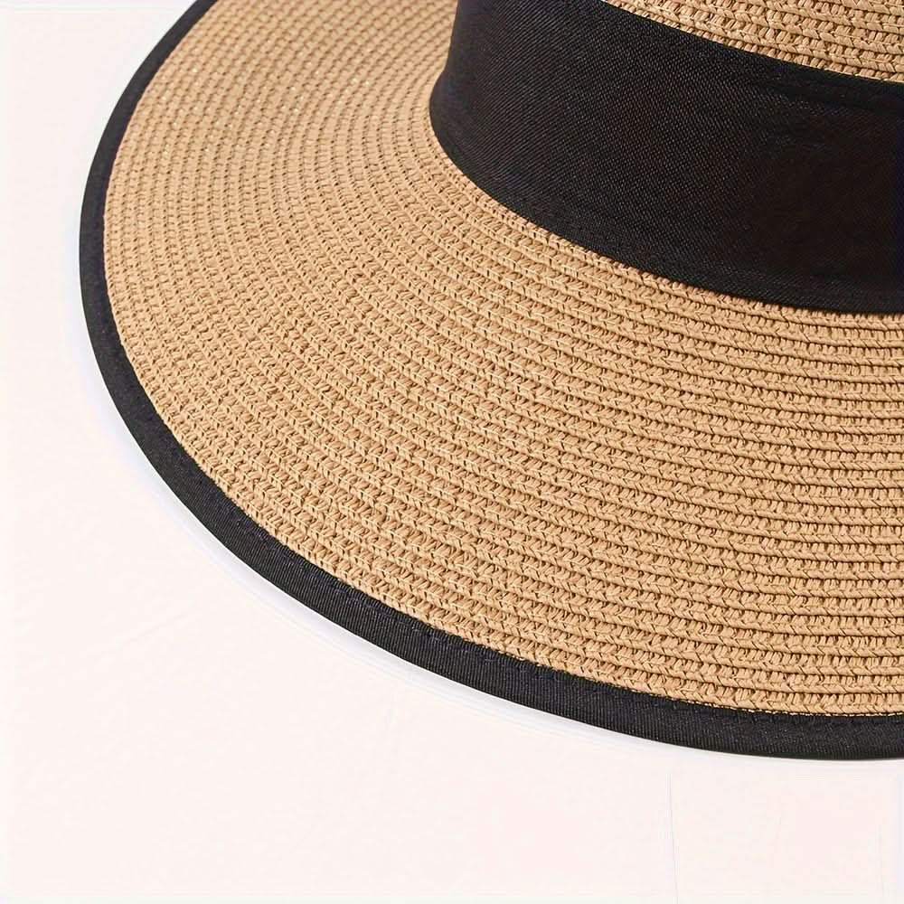 Women's Straw Sun Visor Hat with Ponytail Hole – Beach Cap with Bow
