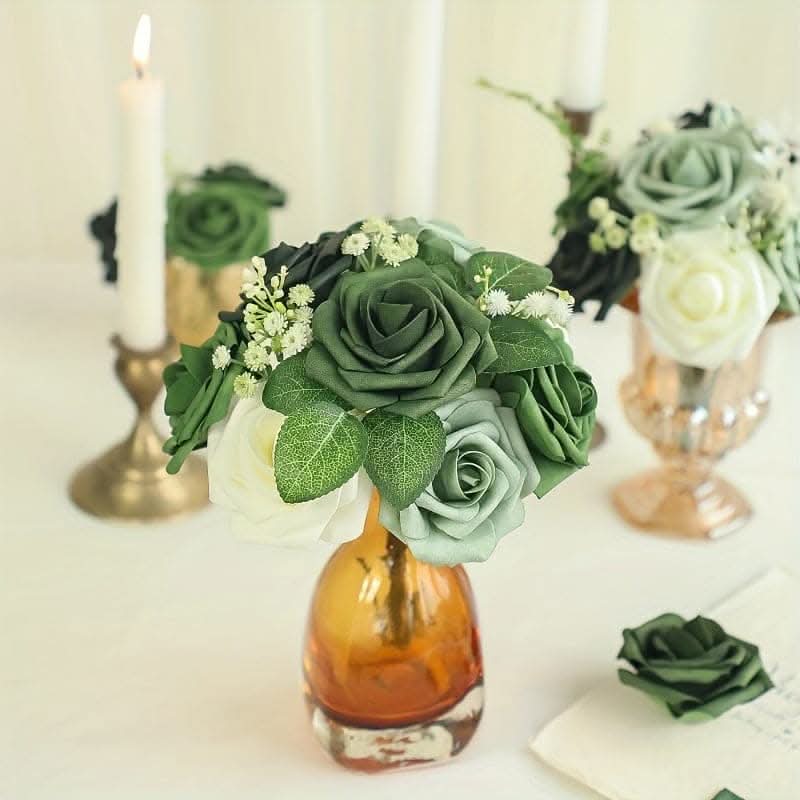 25pcs Forest Green Ombre Artificial Roses - Luxurious & Real-Like