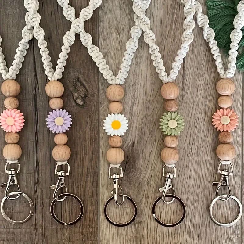 Linen Lanyard with Wooden Beads & Flower Charm