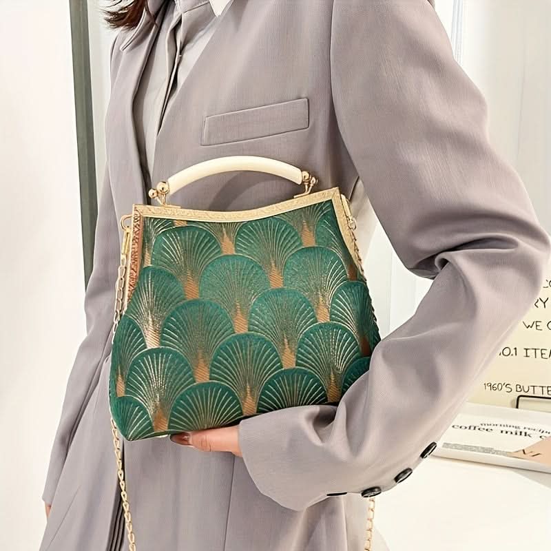 Vintage Embroidered Frame Clutch, Pearl Chain Strap
