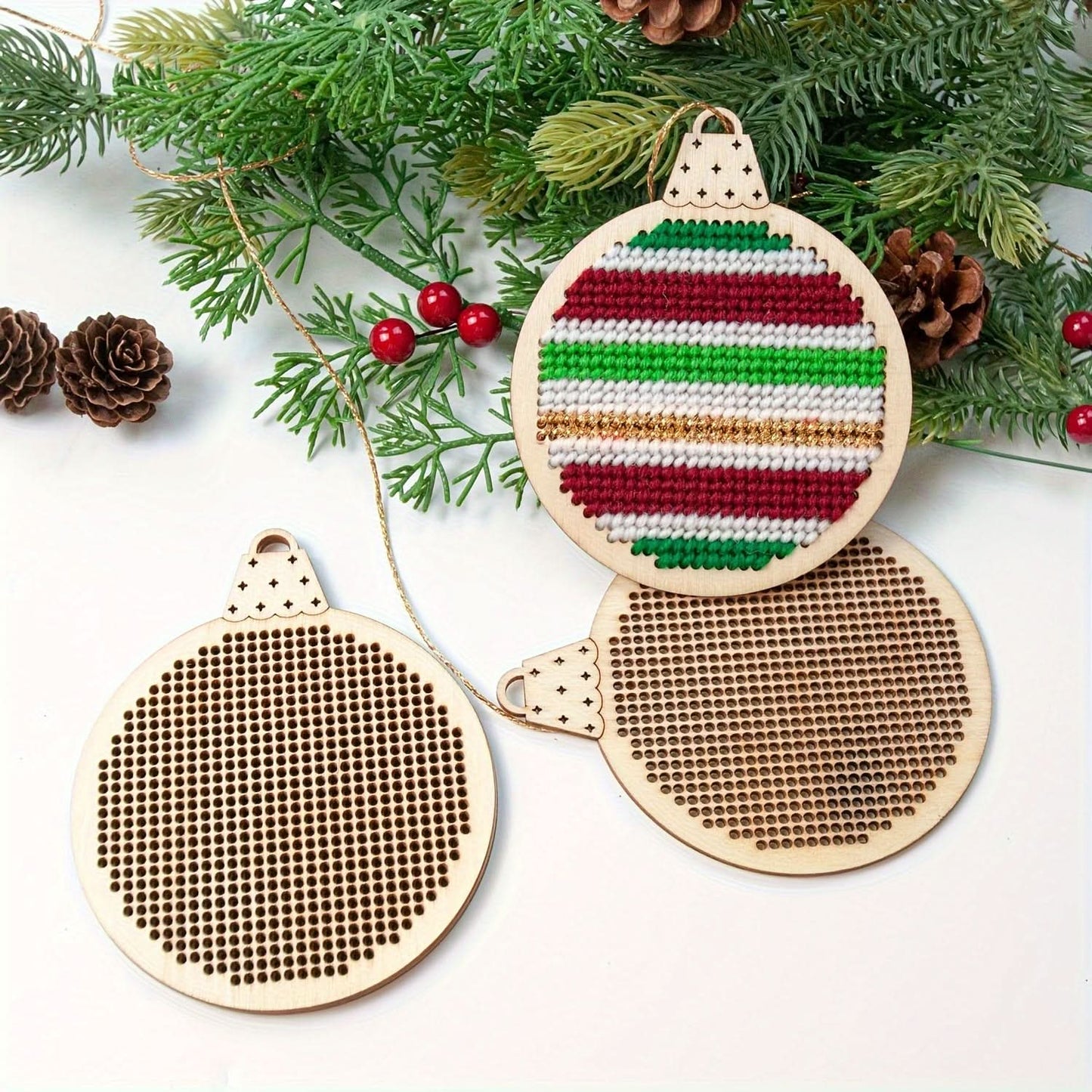 Christmas Embroidery Kit - Wooden & Glass Ball Needlework Craft Set for Home Decor