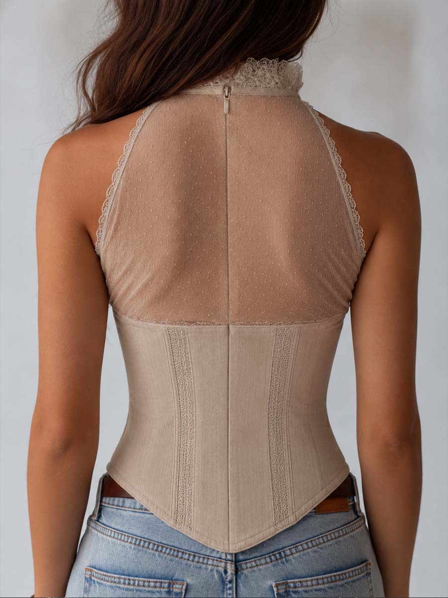 Vintage Victorian Cotton-linen Blend Lace Trim High Neck Corset Halter Top