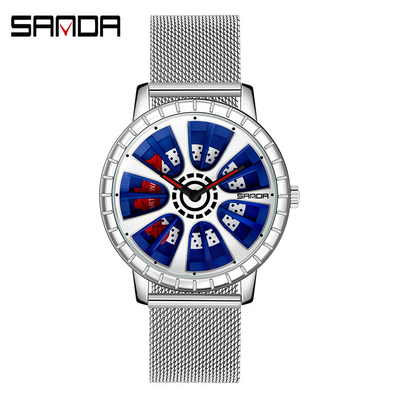 Sanda Men’s Quartz Watch – Hollow Dial, Mesh Strap, Waterproof Sport Timepiece