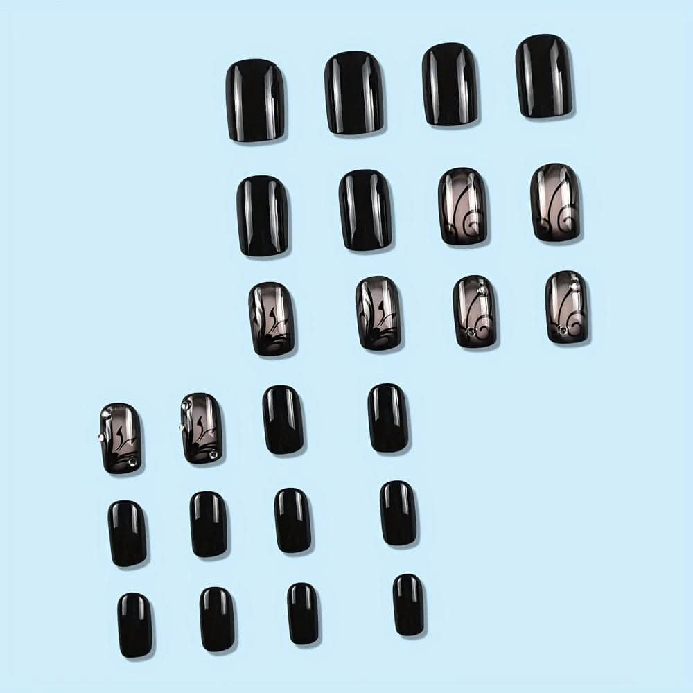 Short Square Press-On Nails – Black Vine Design, Full Cover False Nails
