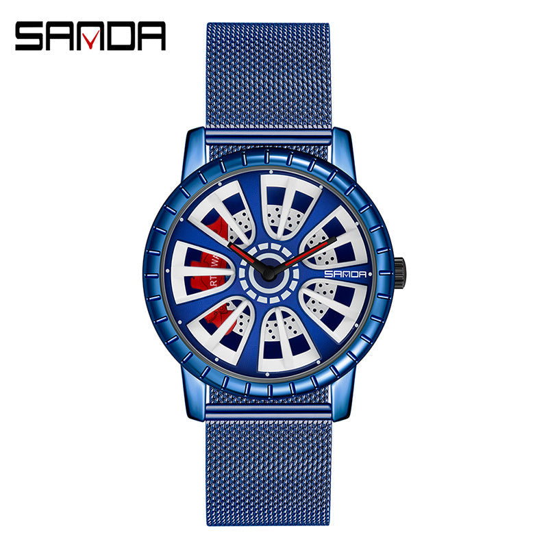 Sanda Men’s Quartz Watch – Hollow Dial, Mesh Strap, Waterproof Sport Timepiece