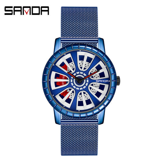 Sanda Men’s Quartz Watch – Hollow Dial, Mesh Strap, Waterproof Sport Timepiece