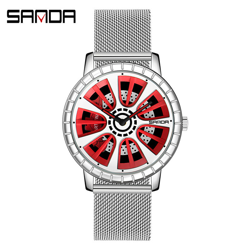 Sanda Men’s Quartz Watch – Hollow Dial, Mesh Strap, Waterproof Sport Timepiece
