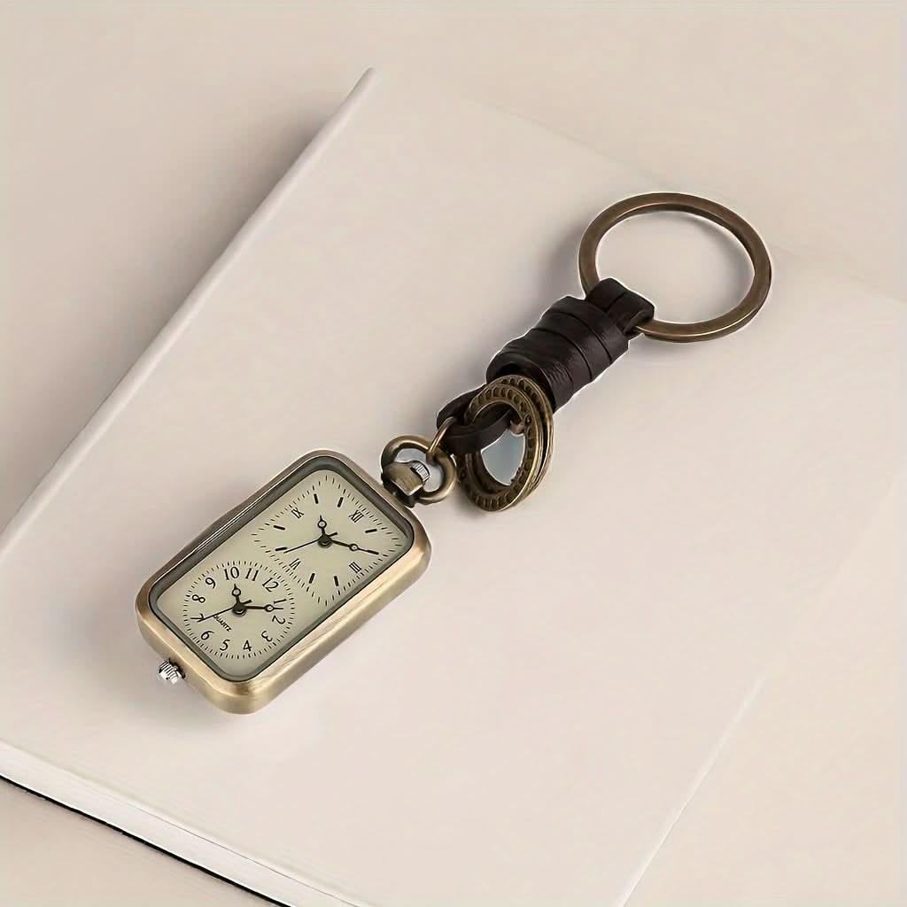 Vintage Dual Time Zone Quartz Pocket Watch Keychain – Rectangle Dial