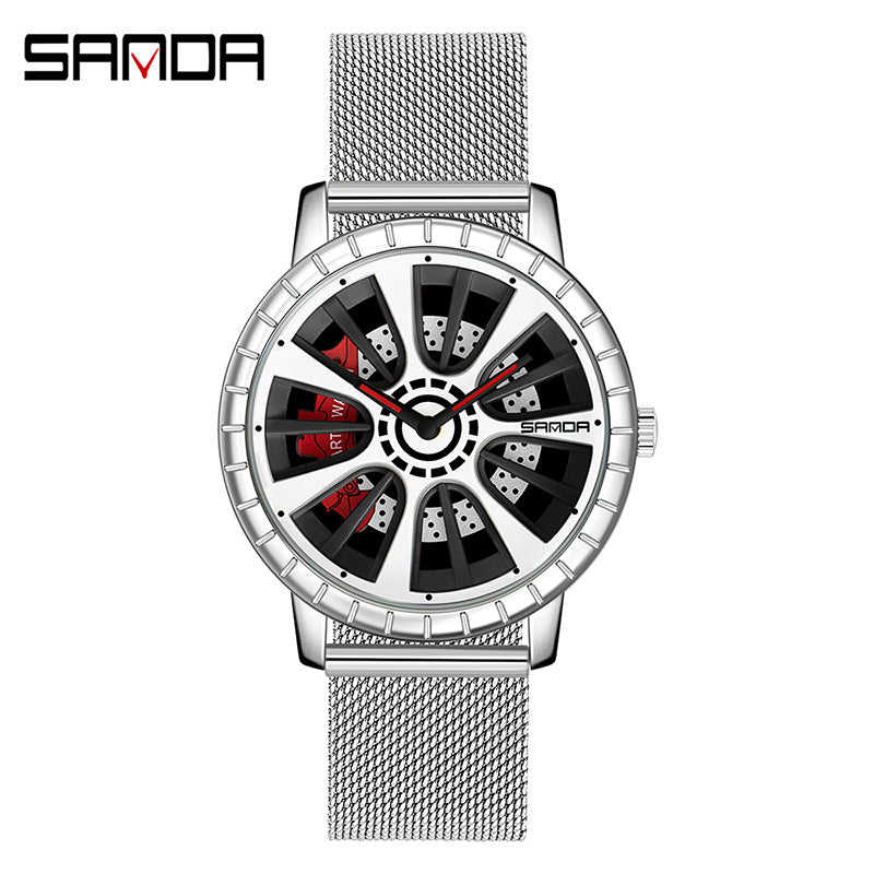 Sanda Men’s Quartz Watch – Hollow Dial, Mesh Strap, Waterproof Sport Timepiece