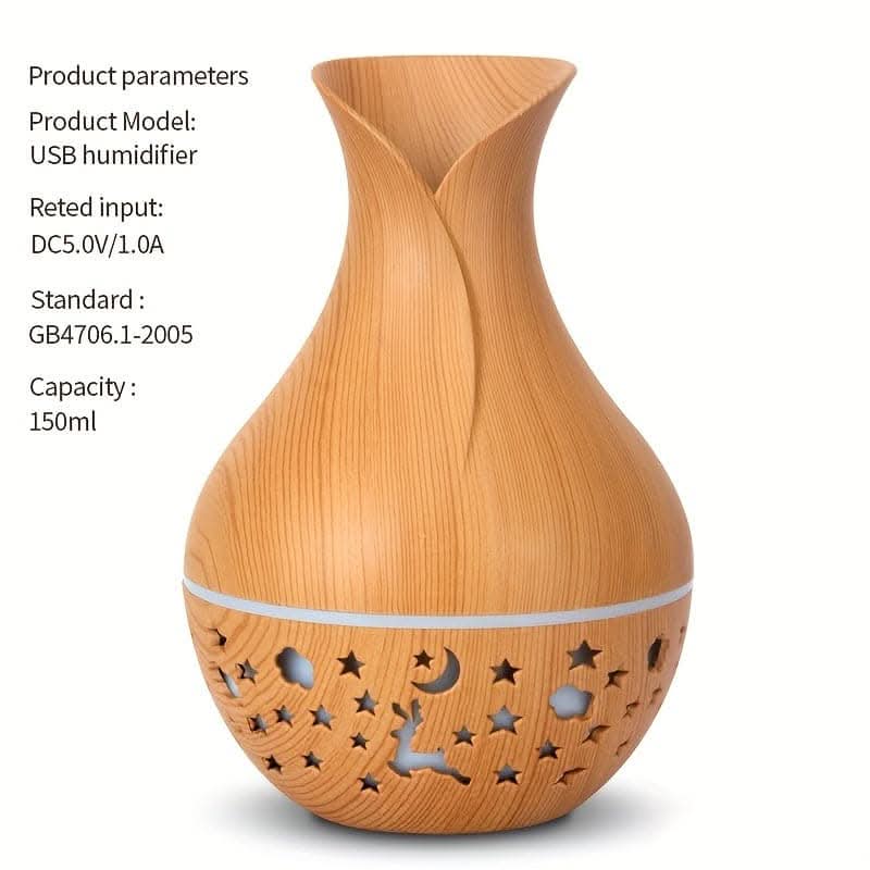 150ml Wood Grain Aromatherapy Diffuser Humidifier - Stylish Vase Design with LED Light