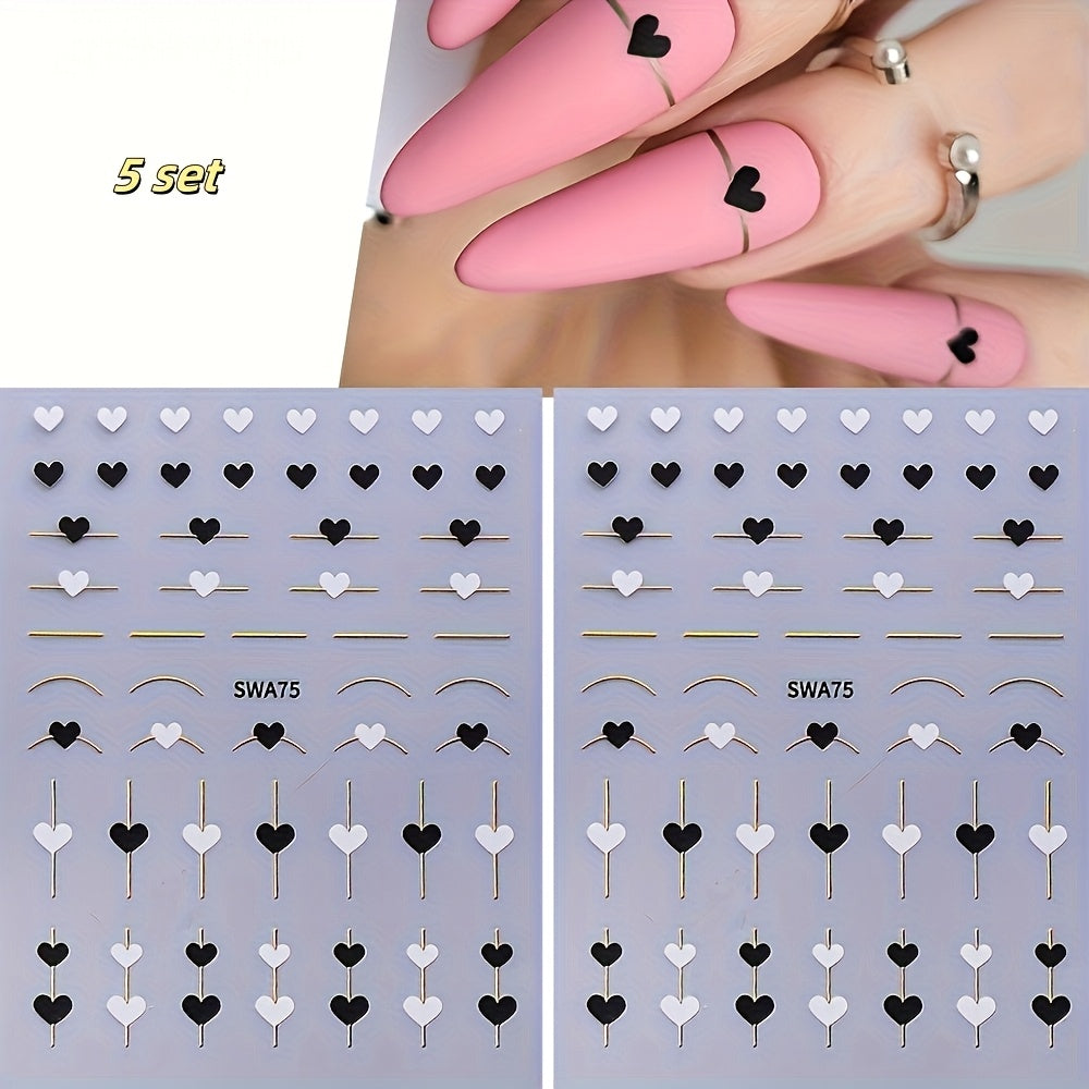 5-Piece Gold Line & Heart Nail Art Stickers – Black & White Valentine's DIY Set