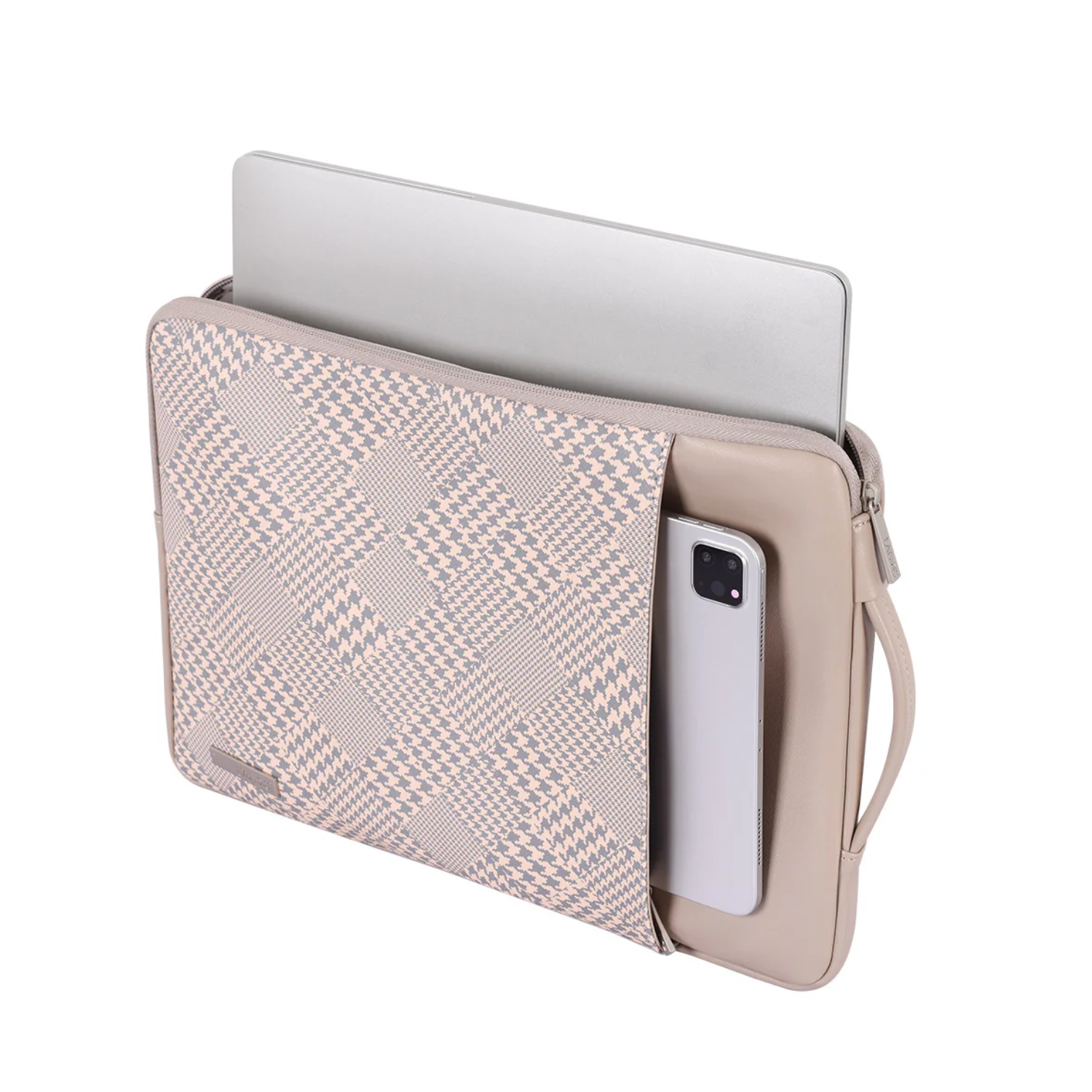 Beige PU Leather Laptop Sleeve – Waterproof & Shockproof Houndstooth Case (11–15 Inch)