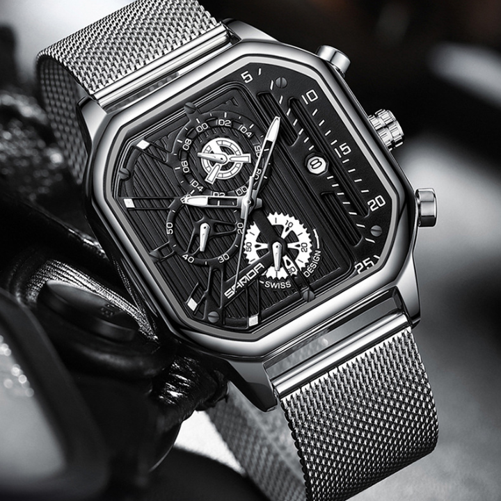 SANDA Men's Mesh Steel Square Quartz Watch – Multifunction Calendar Waterproof Timepiece