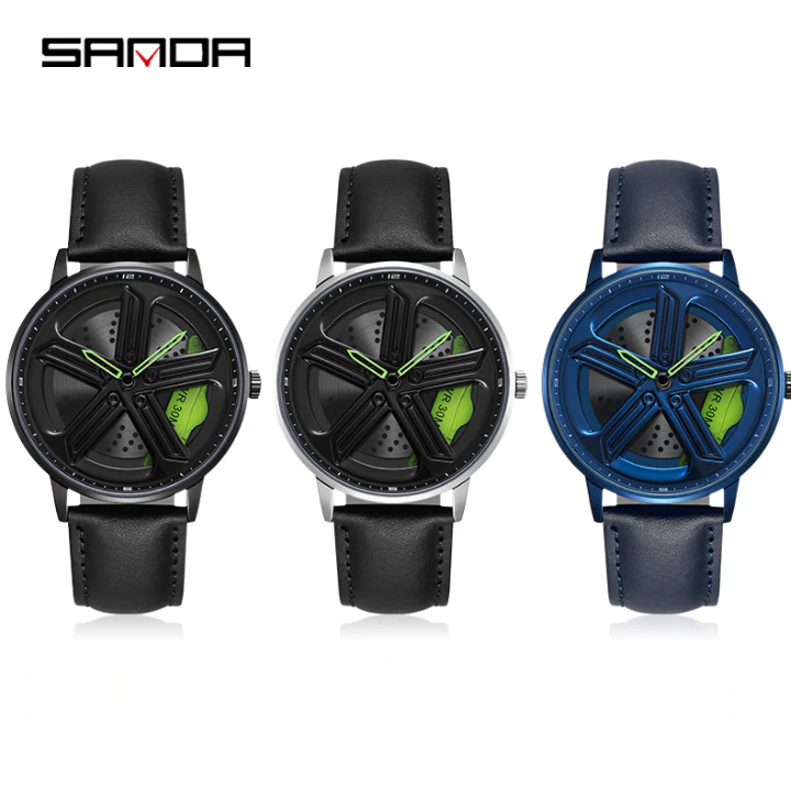 Sanda Men’s Leather Quartz Watch – 360° Rotating Dial, Waterproof Casual Wristwatch