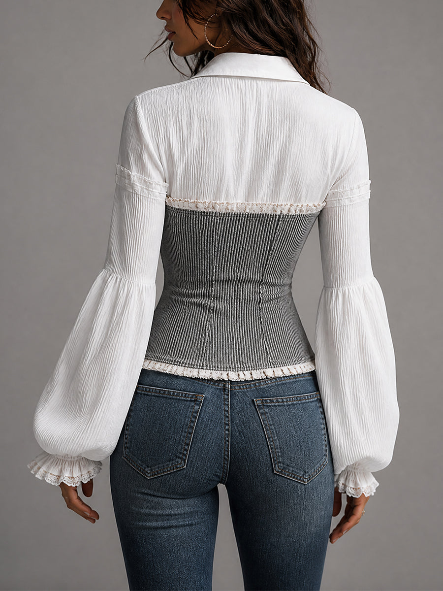 Faux Two-Piece Shirt And Ribbed Corset Top