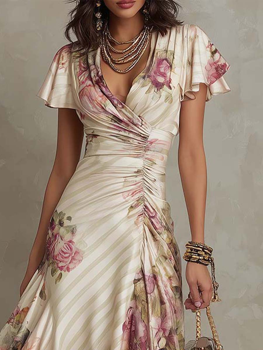 Elegant Vintage Floral Chiffon Midi Dress