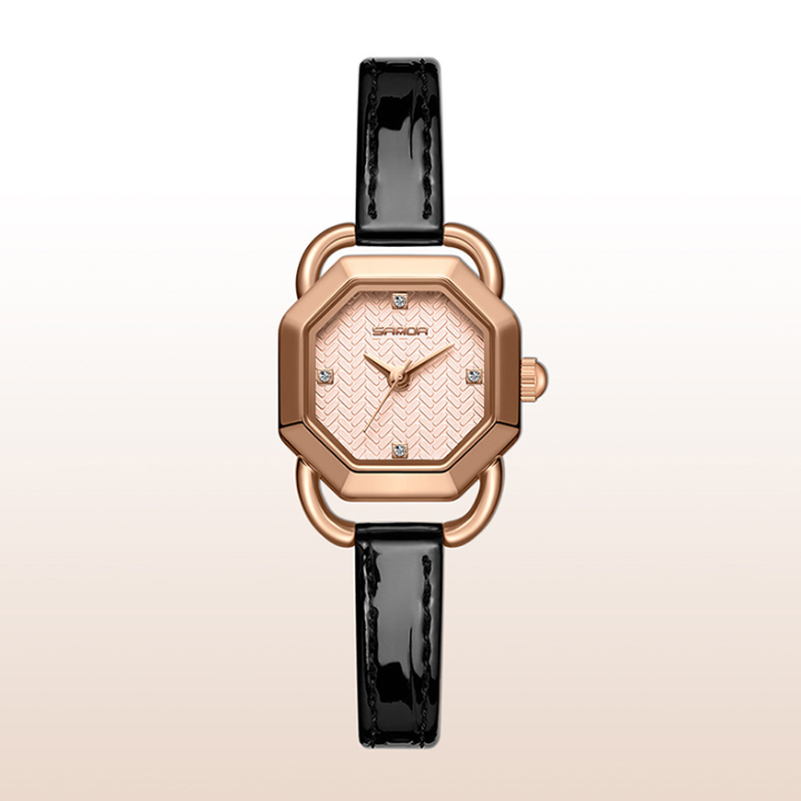 Sanda Women’s Leather Strap Quartz Watch – Octagonal Dial, Waterproof Analog Watch