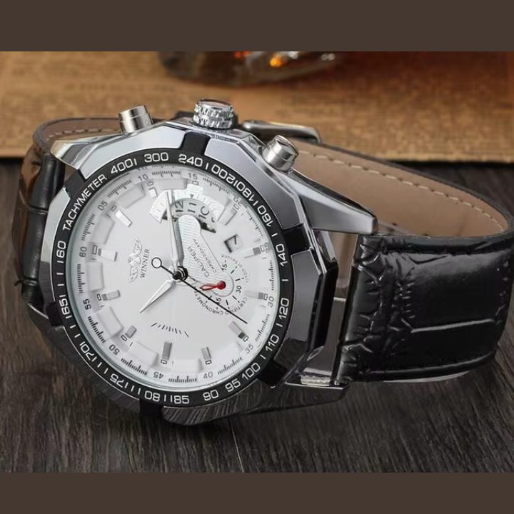 T-Winner Men’s Automatic Watch – Stainless Steel Mechanical Timepiece with Leather Strap