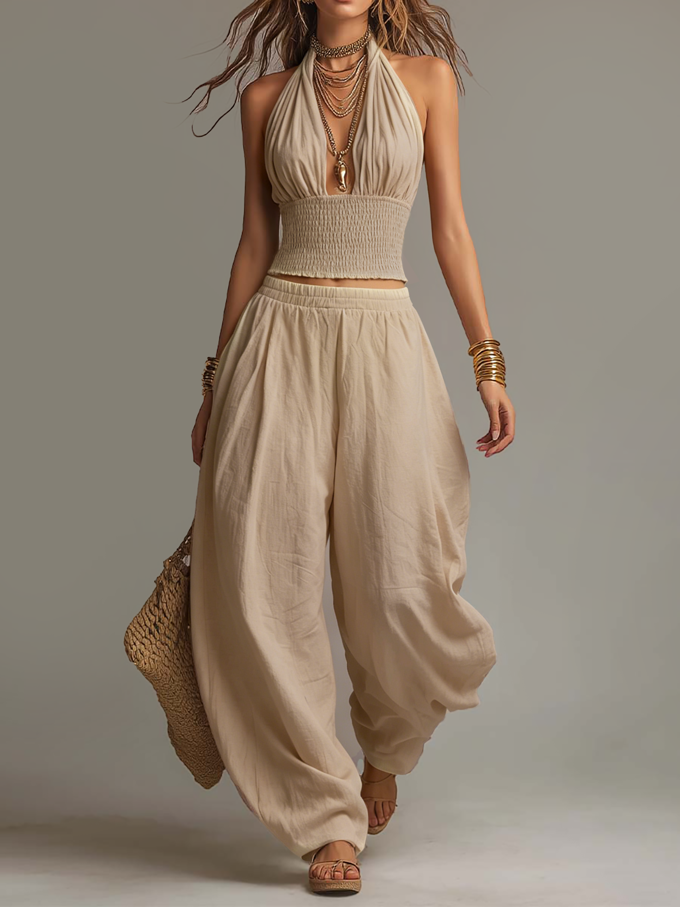 Bohemian Cotton-Linen Halter Smocked Crop Top & Harem Pants Two-Piece Set