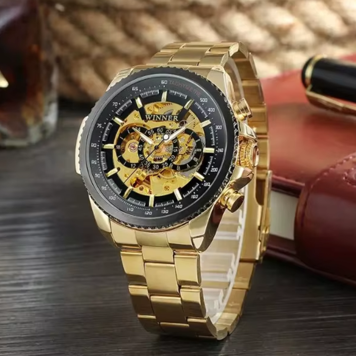 T-Winner Men’s Automatic Mechanical Skeleton Watch – Stainless Steel Band, Roman Dial