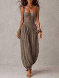Bohemian Taupe Lace Bustier And Crinkle Cotton Harem Pants Set