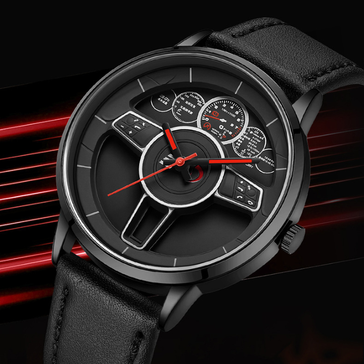 SANDA Steering Wheel Men’s Quartz Watch – Leather Strap Waterproof Business Wristwatch