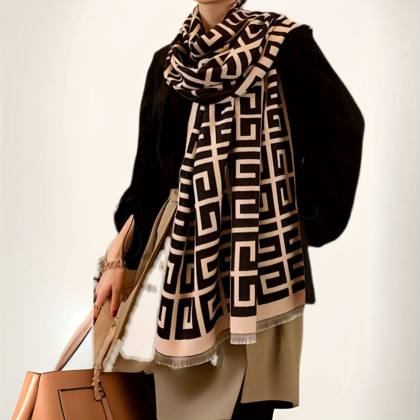 Luxurious Double G Jacquard Scarf – Soft Fringe Shawl