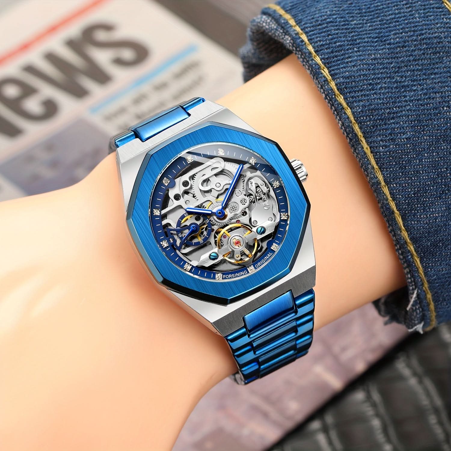 Men's Blue Skeleton Automatic Watch – Stainless Steel, Luminous Hands