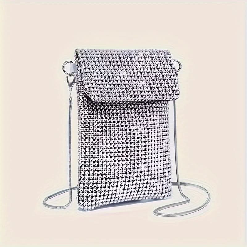 Silver Rhinestone Crossbody Clutch with Chain Strap