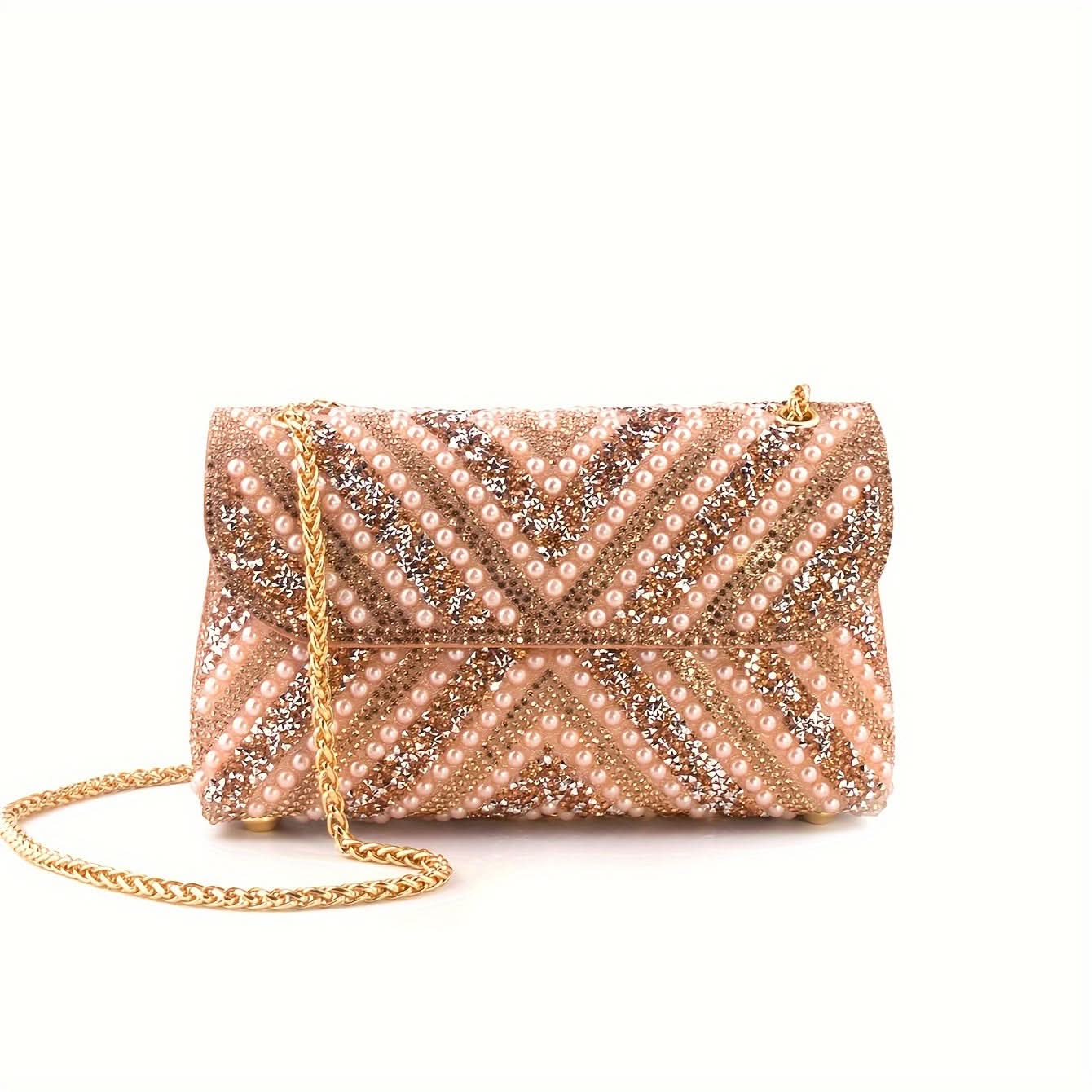 Pink Rhinestone Pearl Clutch – Chain Strap Bag
