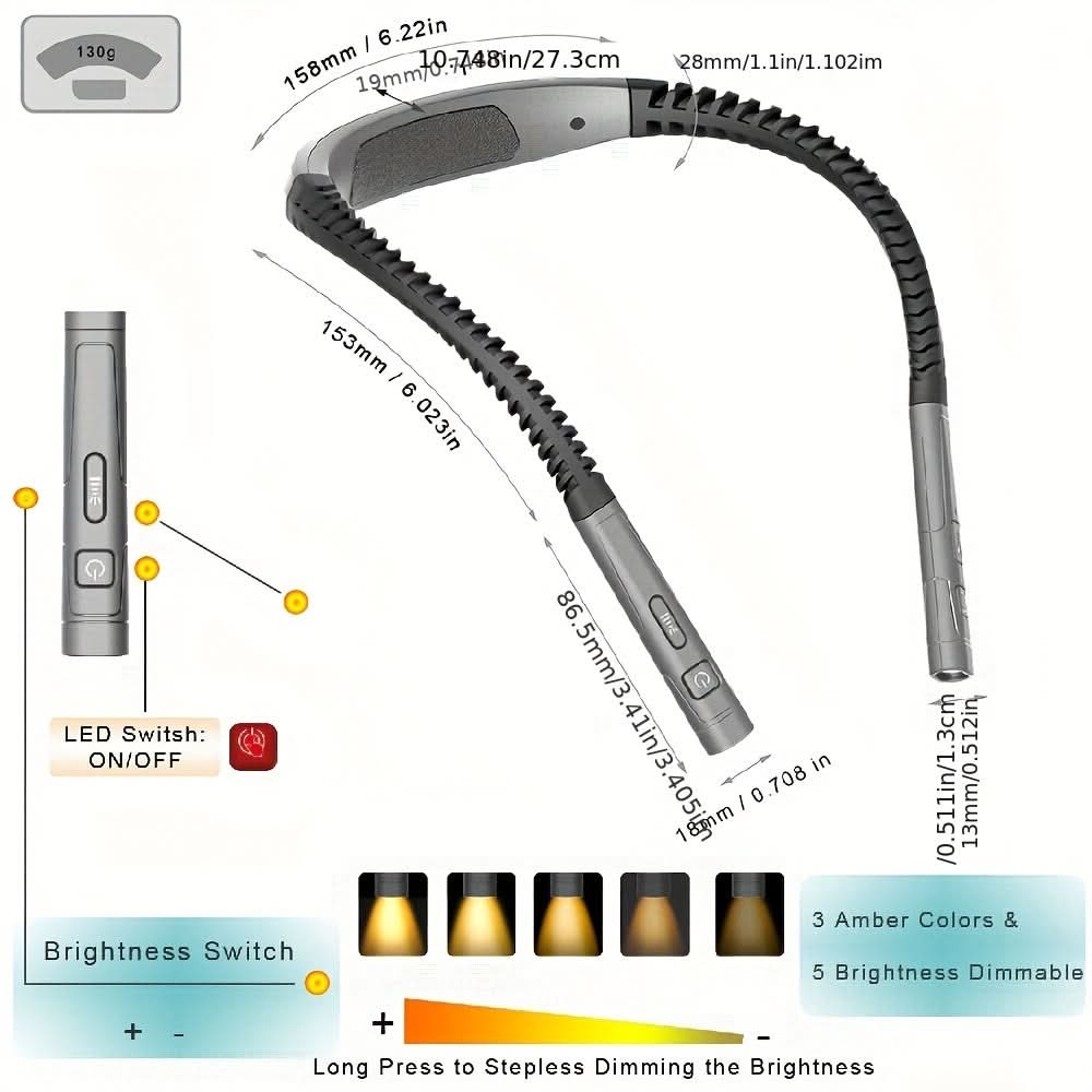 Rechargeable Neck Reading Light – 80-Hour Flexible Book Lamp with 3 Color Modes